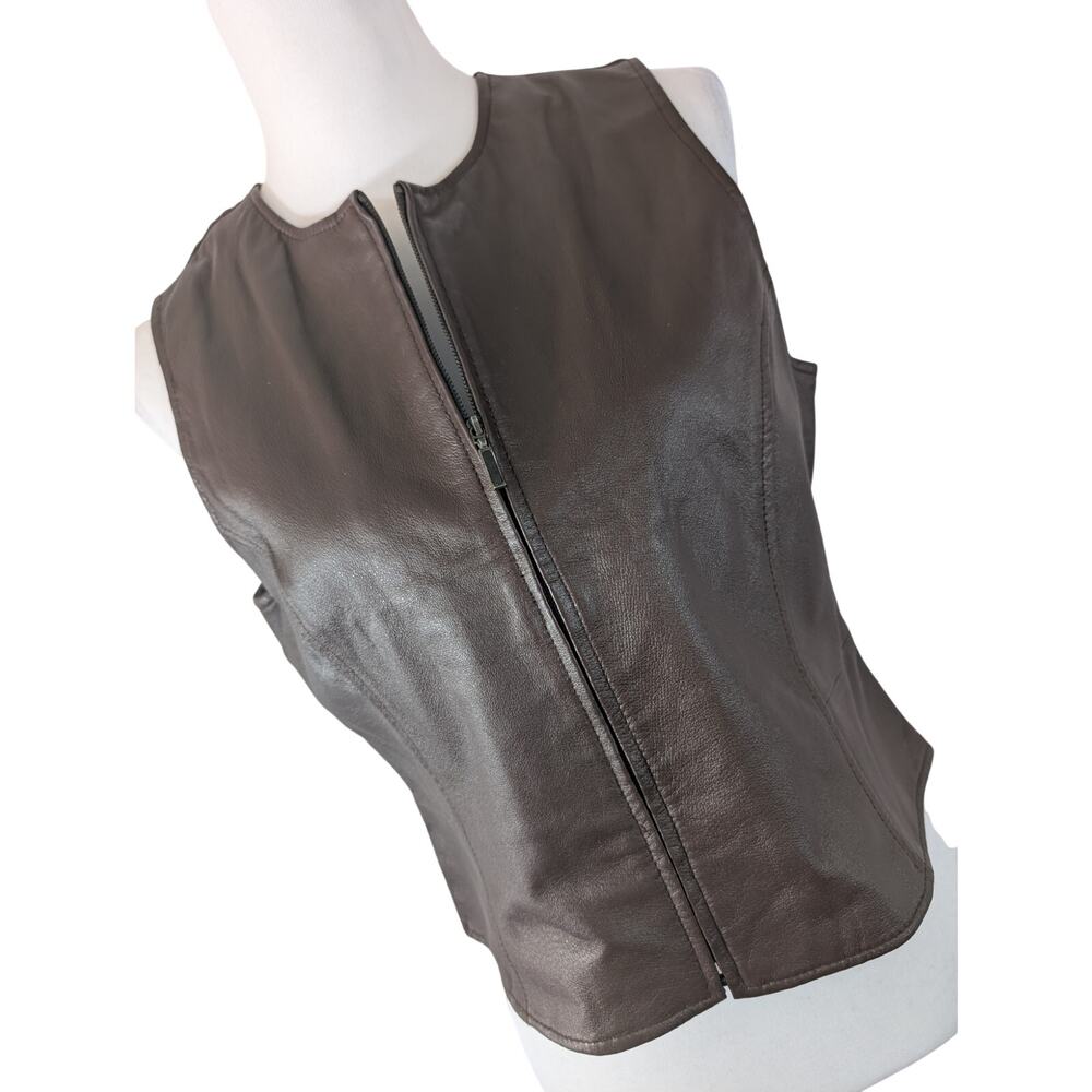 EMMA JAMES! CHESTNUT BROWN GENUINE LEATHER, SATIN BACK ZIPPER VEST! SIZE 10P